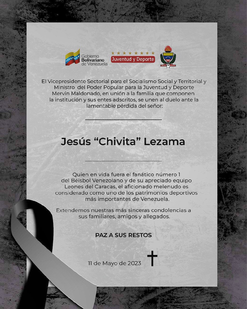 ¡Vuela alto "Chivita" Lezama! 🙏

Nuestras condolencias a sus familiares y amigos 🙏
Ejemplo de fanático deportivo, que deja un gran legado al Béisbol Venezolano 👏
