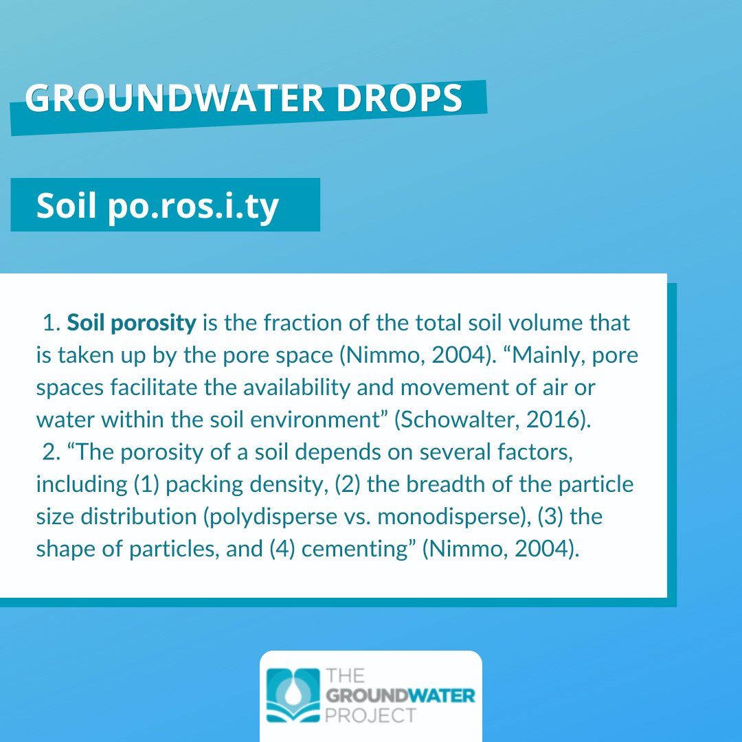 eradaagua's tweet photo. Today our Groundwater Drops is about Soil Porosity!
Did you know the meaning of that word? Like this post, comment and share to spread the information to more people π
#aquifer #groundwater #education #meaningsofwords #groudwaterproject
Source:
Nimmo, 2004
Schowalter, 2016 https://t.co/r8rkcNKnao