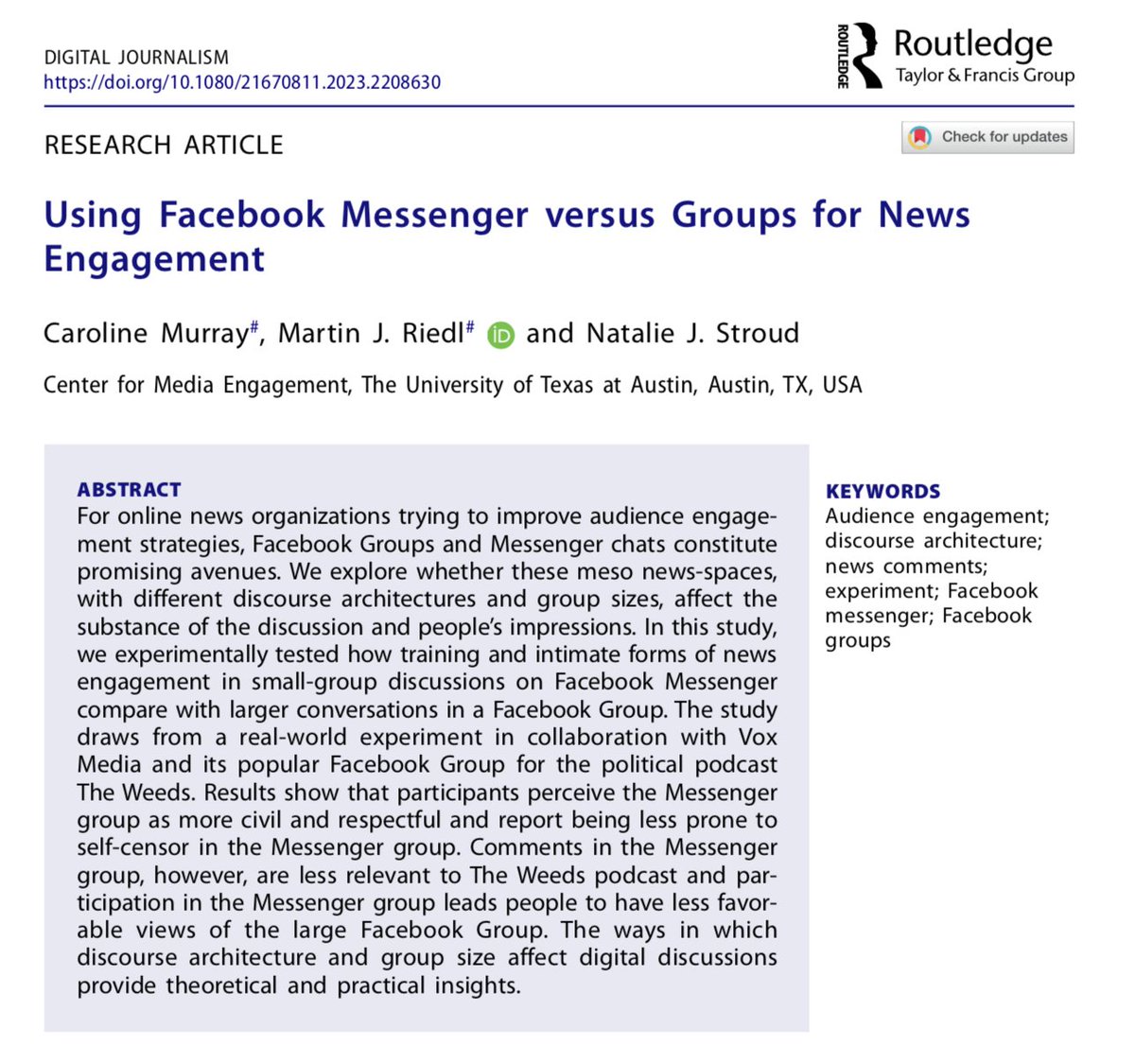 ONLINE FIRST! How does news users' engagement in small-group discussions on Facebook Messenger compare with larger conversations in a Facebook Group? <a href="/carocmurray/">Caroline Murray</a>, <a href="/martinriedl/">Martin Johannes Riedl</a> and <a href="/TaliaStroud/">Talia Stroud</a> explore it in this study.
➡️tandfonline.com/doi/full/10.10…