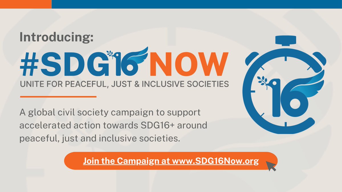 🚨LAUNCHED TODAY🎉: The #SDG16Now Campaign calls for 👉🏽Transformative commitments 👉🏽Robust financing 👉🏽And recognition and harnessing of Civil Society's role all for #SDG16+ 🕊️ Join us in amplifying and implementing these messages sdg16now.org