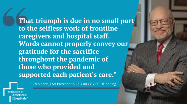 chipkahn's tweet photo. End of #COVID19 #PHE is an opportunity to reflect on the human tragedy of the pandemic. At the same time, even more lives were saved by incredible caregivers &amp; hospital staff who put themselves on the frontlines of the pandemic for their patients. #WeAreHealthCare https://t.co/wfMsFsfDBH