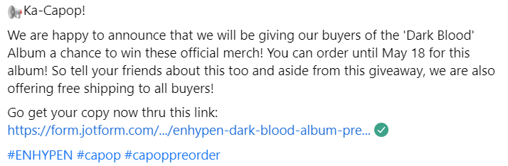 ShopCapop's tweet photo. 📢Ka-Capop!

You can order until May 18 for this album! So tell your friends about this too and aside from this giveaway, we are also offering free shipping to all buyers!

Go get your copy now thru this link:
https://t.co/mi0hoR9Hrd

 #ENHYPEN #capop #capoppreorder https://t.co/L7foBmSkmL