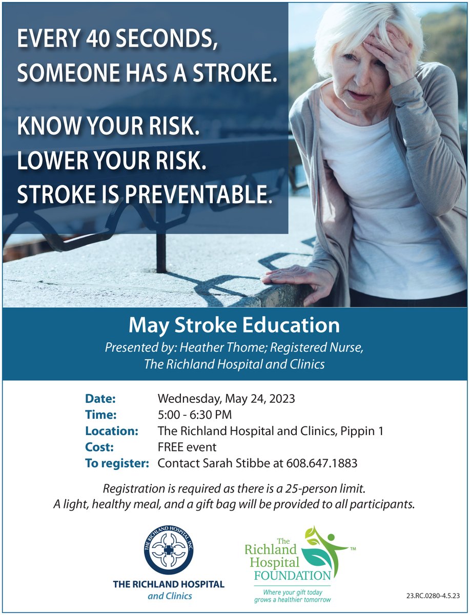 Know and lower your risk for stroke - attend our FREE May Stroke Education event - Wednesday, May 24.  Call now to register, as seating is limited: 608.647.1883.  

#americanheartassociation #strokeeducation #richlandhospitalfoundation