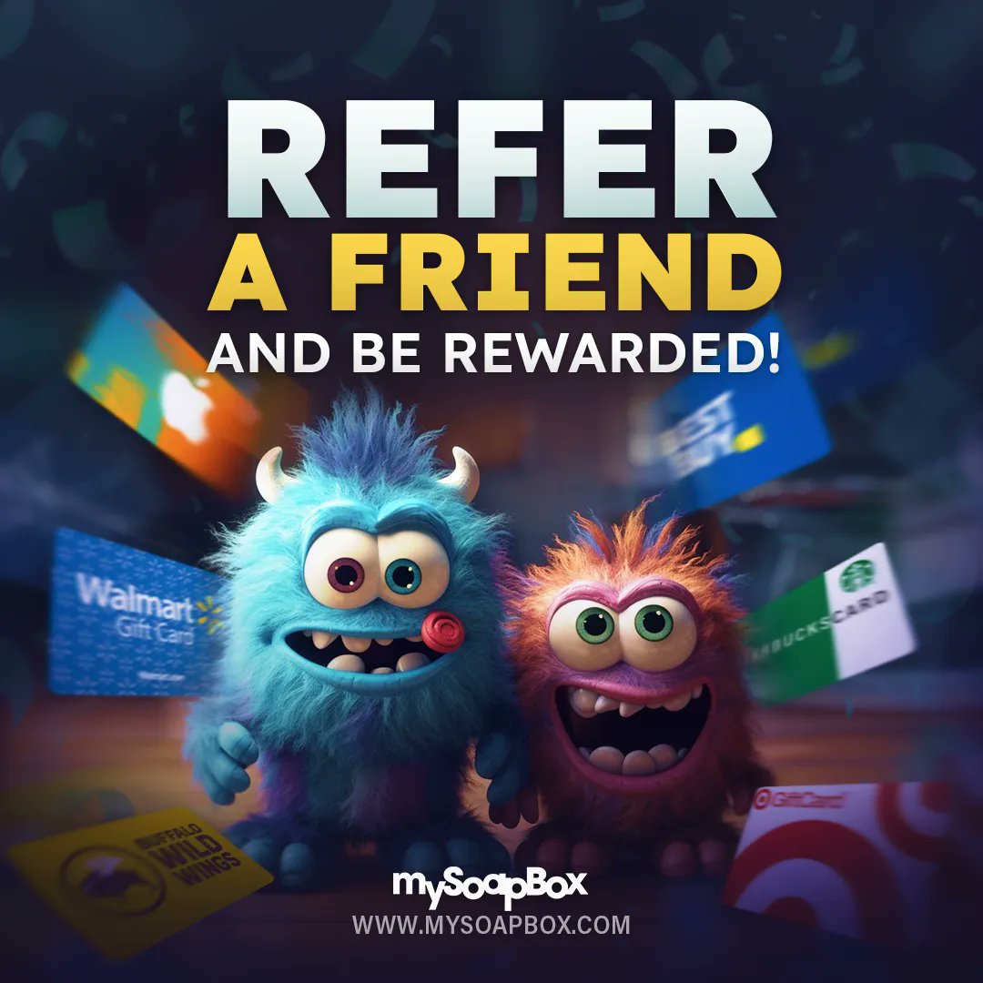 Refer a friend or family member to MySoapBox and you will get 1,000 BONUS Points! Just like that!

Sign in and refer a friend now!
buff.ly/3H14hOY 

#surveys #mysoapbox #giftcards #earngiftcards #earnmoneyathome