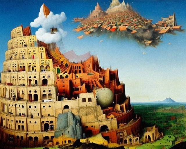 AlberichChilion's tweet photo. "And the LORD came down to see the city and the tower... And said, Behold, the people is one, and they have all one language...and now nothing will be restrained from them, which they have imagined to do." - Genesis 11:5-6 Pt. 1 #Aiart #TheBible #AiArtwork #city #tower https://t.co/Y4d7ljDbek