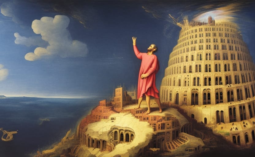 AlberichChilion's tweet photo. "And the LORD came down to see the city and the tower... And said, Behold, the people is one, and they have all one language...and now nothing will be restrained from them, which they have imagined to do." - Genesis 11:5-6 Pt. 2 #Aiart #TheBible #AiArtwork #city #tower https://t.co/8Qc9vPV2nv
