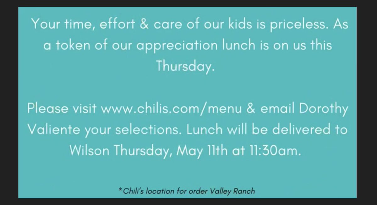 What a great surprise. Our pre-K parents surprised us with lunch and dessert for the whole team. Thanks so much. <a href="/gowilsonrangers/">Wilson Elementary</a>
