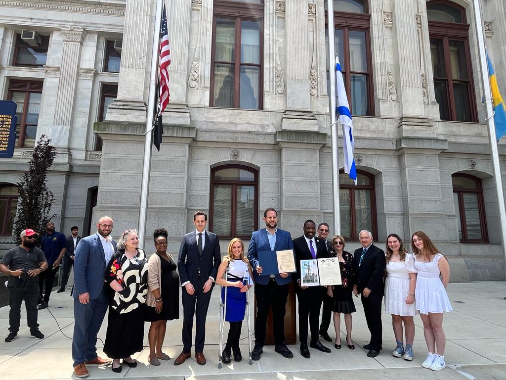 As #Israel's founding is labeled a “catastrophe” in places in the US while it endures a hail of rockets, the raising of our flag at <a href="/PhiladelphiaGov/">City of Philadelphia</a>'s city hall reaffirms the sacred US-Israel bond. Thank you <a href="/LSCMichaelLevin/">Lone Soldier Center</a> <a href="/SheilaShowPHL/">Sheila Hess</a> <a href="/CouncilmemberKJ/">Kenyatta Johnson</a> <a href="/JFedinPhilly/">Jewish Federation of Greater Philadelphia</a>. 🇮🇱🕊️