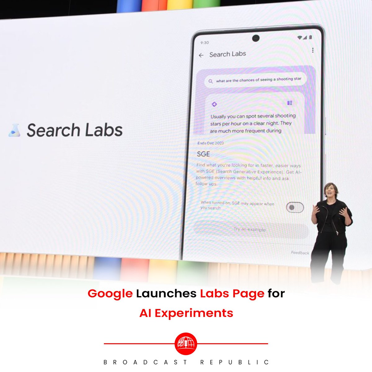 Google's new Labs page allows users to sign up and test AI-powered features before wider release. The page currently offers four projects, including AI-powered Google search features, Tailwind, MusicLM, and AI in Google Workspaces. 

#BroadcastRepublic #GoogleLabs #AIexperiments
