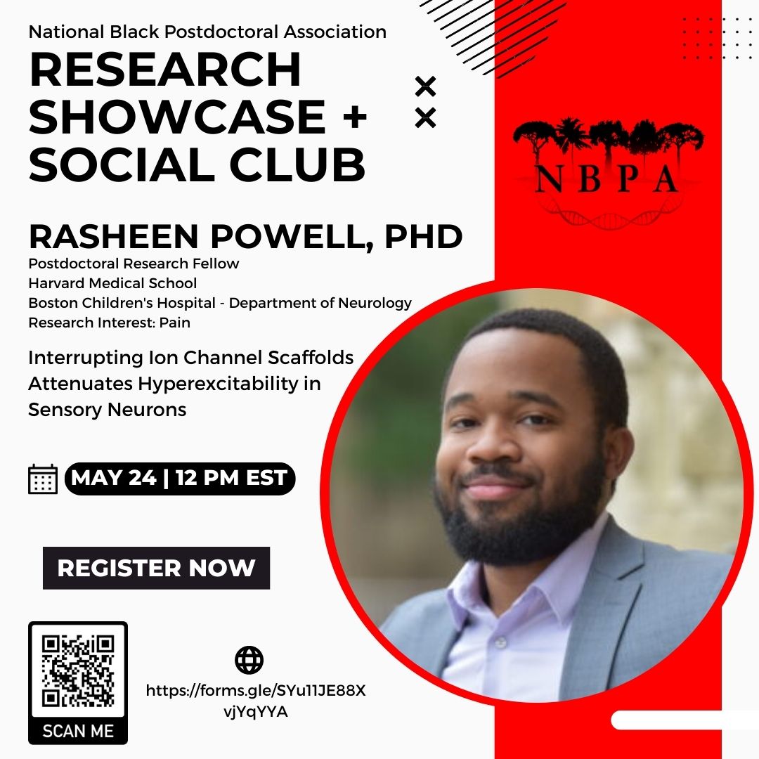 Join the National Black Postdoctoral Association as we host our Research Showcase + Social Club Series 👨🏿‍🔬🥂👩🏿‍🔬
Wednesday, May 24
Research Talks (OPEN to ALL): 12:00 pm EST
Social (members only): 1:00 pm EST

RSVP here 👉🏾forms.gle/SYu11JE88XvjYq…

#BlackinSTEM
#AcademicTwitter