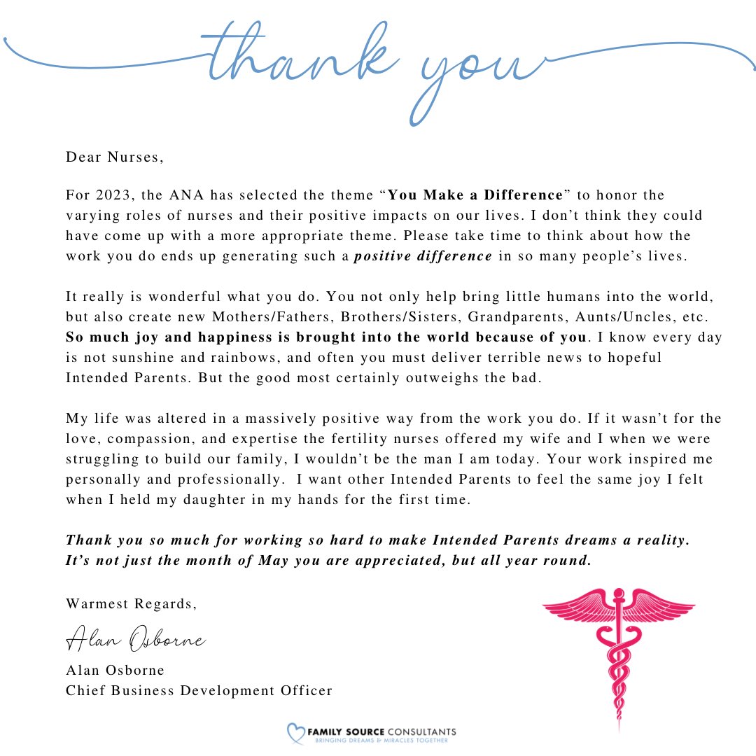 family_source's tweet photo. Today’s #ThankfulThursday is shared with #nursesappreciationweek with a special heartfelt letter from Alan Osborne, our Chief Business Development Officer, to all the #fertility #nurses we partner with daily to help bring dreams and miracles together. 💕💕 https://t.co/aD8BS2VPJV