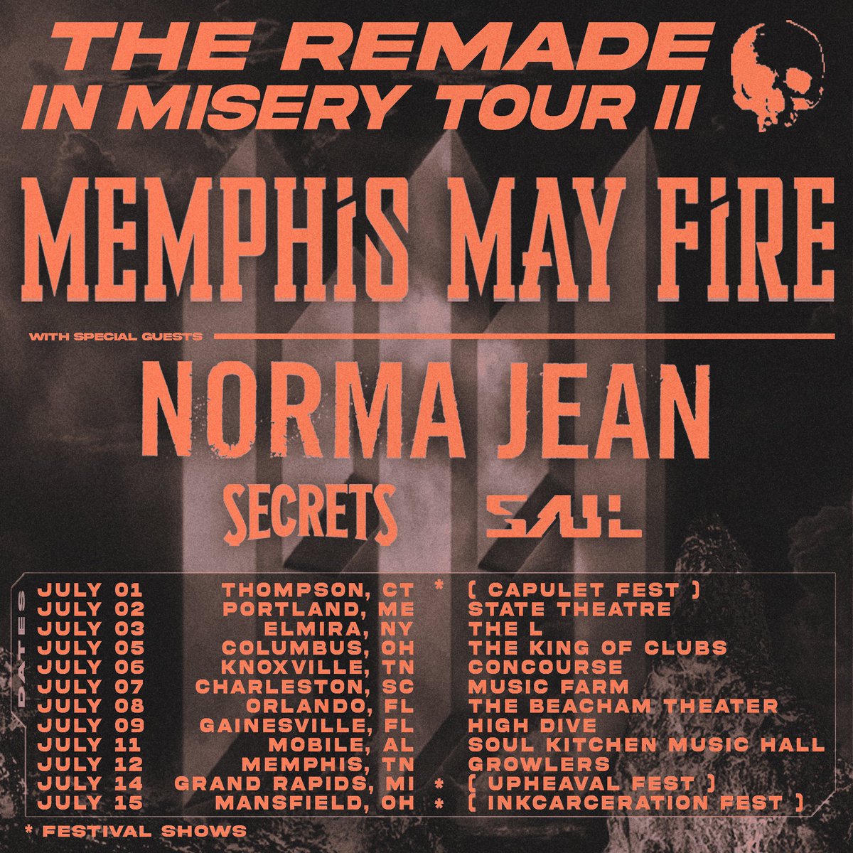 Norma Jean will be supporting @MemphisMayFire in JULY for The REMADE IN MISERY TOUR. Along with @SECRETSofficial and @saulband. Tickets on sale TOMORROW. ***not performing at Upheaval and Inkcarceration.