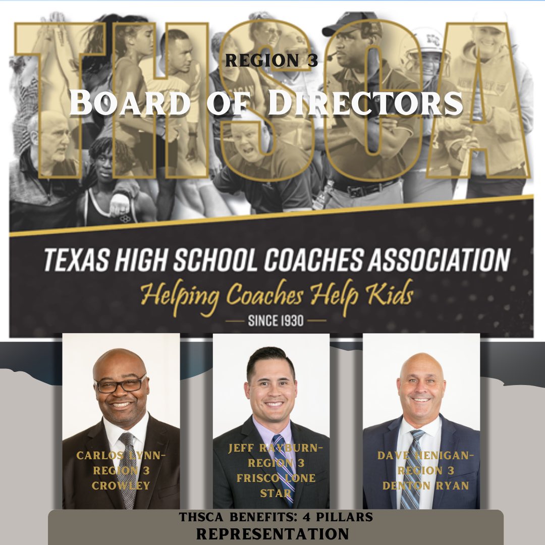 THSCA: 4Pillars
REPRESENTATION 

We are an association that represents every coach in every UIL sport throughout Texas and encourages our members to share their voices and continue to “help coaches help kids.”
#THSCAbrandambassador #THSCAcoaches