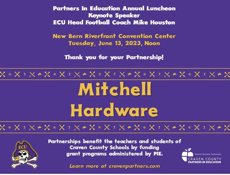CravenCoPIE's tweet photo. As a sponsor of the #SoldOut, #MitchellHardware’s partnership is vital to continue our essential work of supporting our teachers and students in Craven County. Thank you for your partnership! #TogetherWeArePartners https://t.co/J2OEPFY6w4