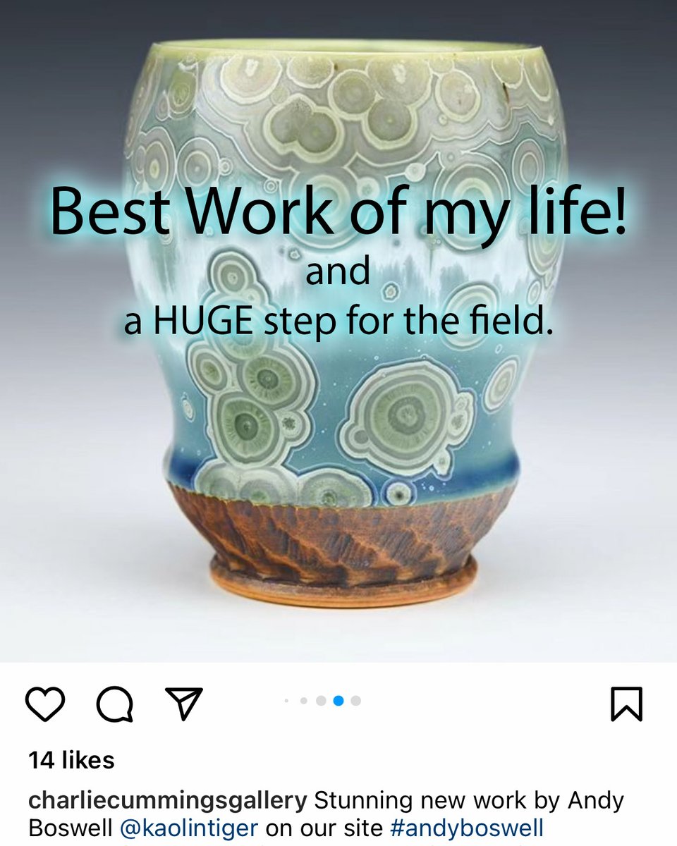 KaolinTiger's tweet photo. The Charlie Cummings Gallery just got some of my newest and most exciting work. Not only are they the most beautiful items I have ever made, but they exhibit a huge advancement in the field of crystalline glazes. Never before have potters been able to control the glaze like I do. https://t.co/xv6PQRIgzt