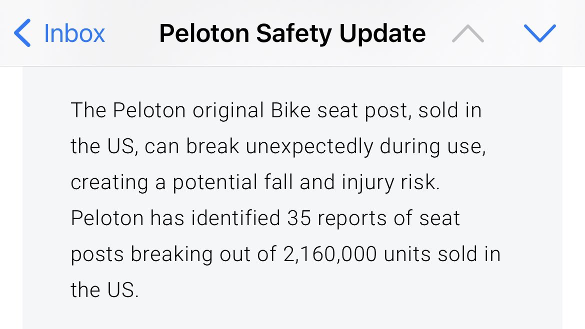 So, yeah, <a href="/onepeloton/">Peloton</a> recalls its bike because of 35 failures out of 2.2 million units. Luckily for <a href="/pfizer/">Pfizer Inc.</a> and <a href="/moderna_tx/">Moderna</a>, mRNA shots are held to a far lower standard!