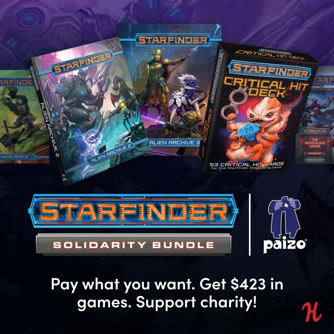 paizo's tweet image. Paizo is proud to announce the Starfinder Solidarity Humble Bundle, supporting The Trevor Project! Get over $400 worth of Starfinder goodness for only $45! Read more about the great titles and the mission of the The Trevor Project in the blog. 
paizo.me/3LZ7Ab6
