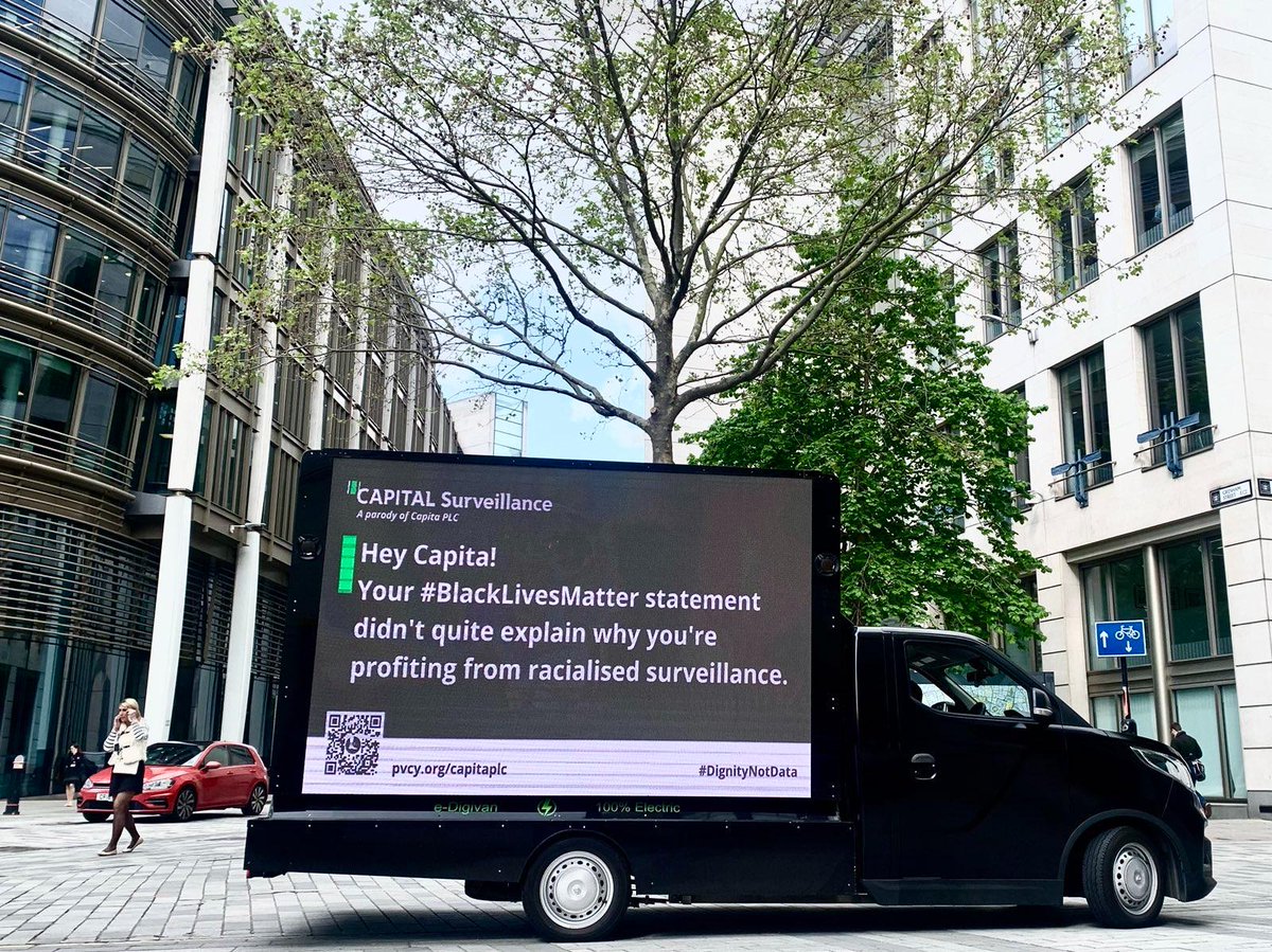 📍Today we showed up outside Capita's AGM in London, with campaign partners @BIDdetention and @privacyint. We greeted shareholders with info on Capita's involvement in the Home Office's brutal GPS tracking scheme. Join us in calling for #DignityNotData: actionnetwork.org/letters/capita…