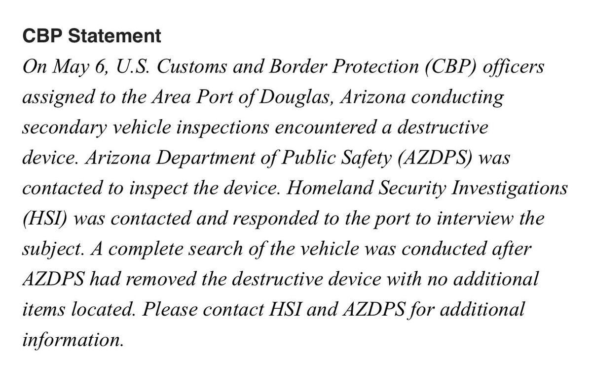 AliBradleyTV's tweet photo. EXCLUSIVE: An improvised explosive device bound for the U.S. was intercepted at an Arizona port of entry.

The improvised explosive device was intercepted during secondary inspection by CBP officers at the Douglas, Arizona POE on May 6th. 

The IED was made using an M&M container with electrical tape. Blue and red wires were exposed at the end of the container. 

I am waiting for more information regarding who the subject who attempted to get the device into the country.

📸 via Source