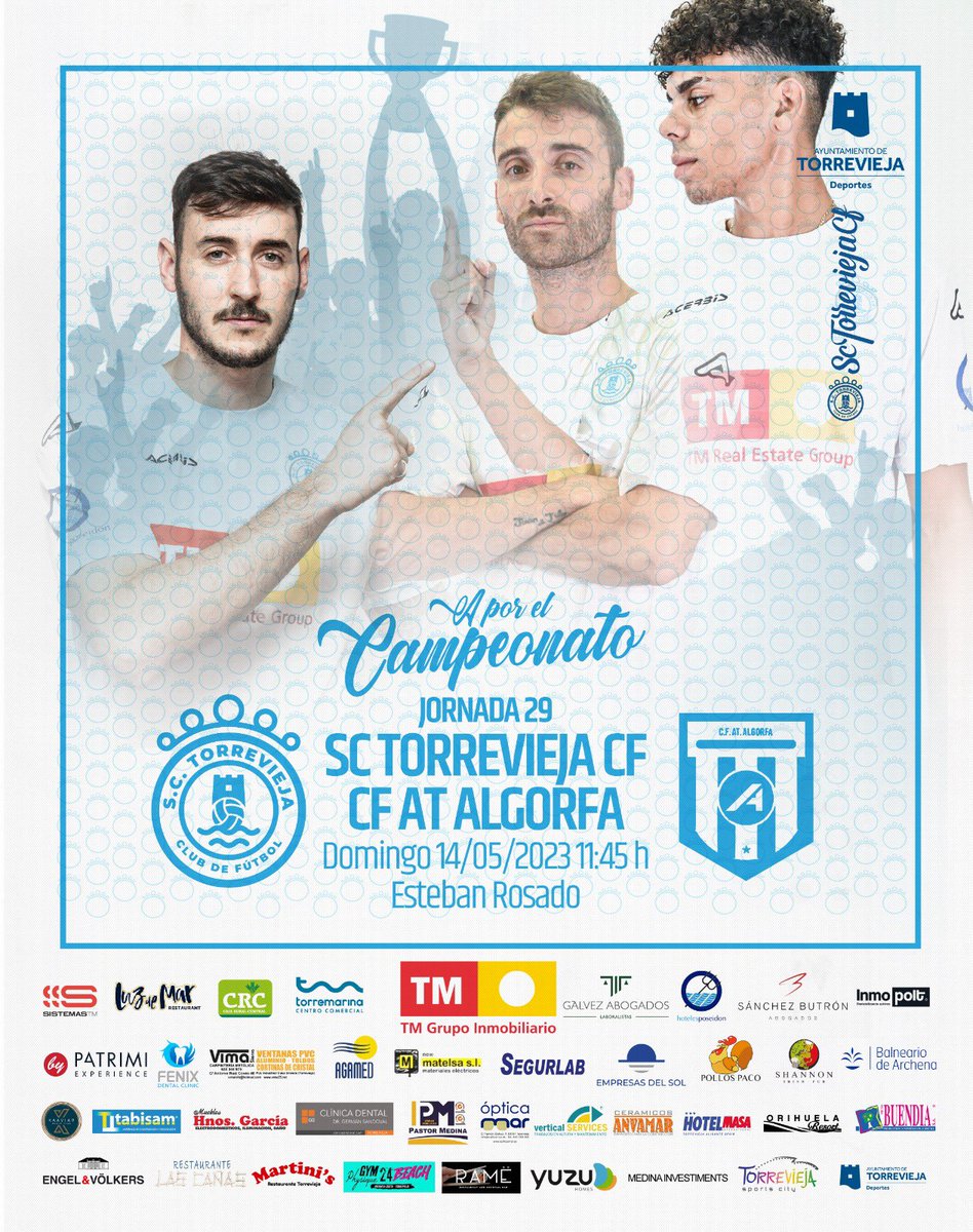 SCTorreviejaCF's tweet photo. #J29

📢 ¡PRÓXIMO PARTIDO! 

🏃 Masculino A
🏆 1ª Regional
🆚 Atlético Algorfa
🗓 14/05 (Domingo)
🕥 11.45
🏟️ “Esteban Rosado” (Torrevieja)
☁️ 24 ºC Máx.

“A por el campeonato 🏆”

Somos de Primera FFCV 🤍🩵

#SCTorrevieja https://t.co/yLEq6a8Dw7