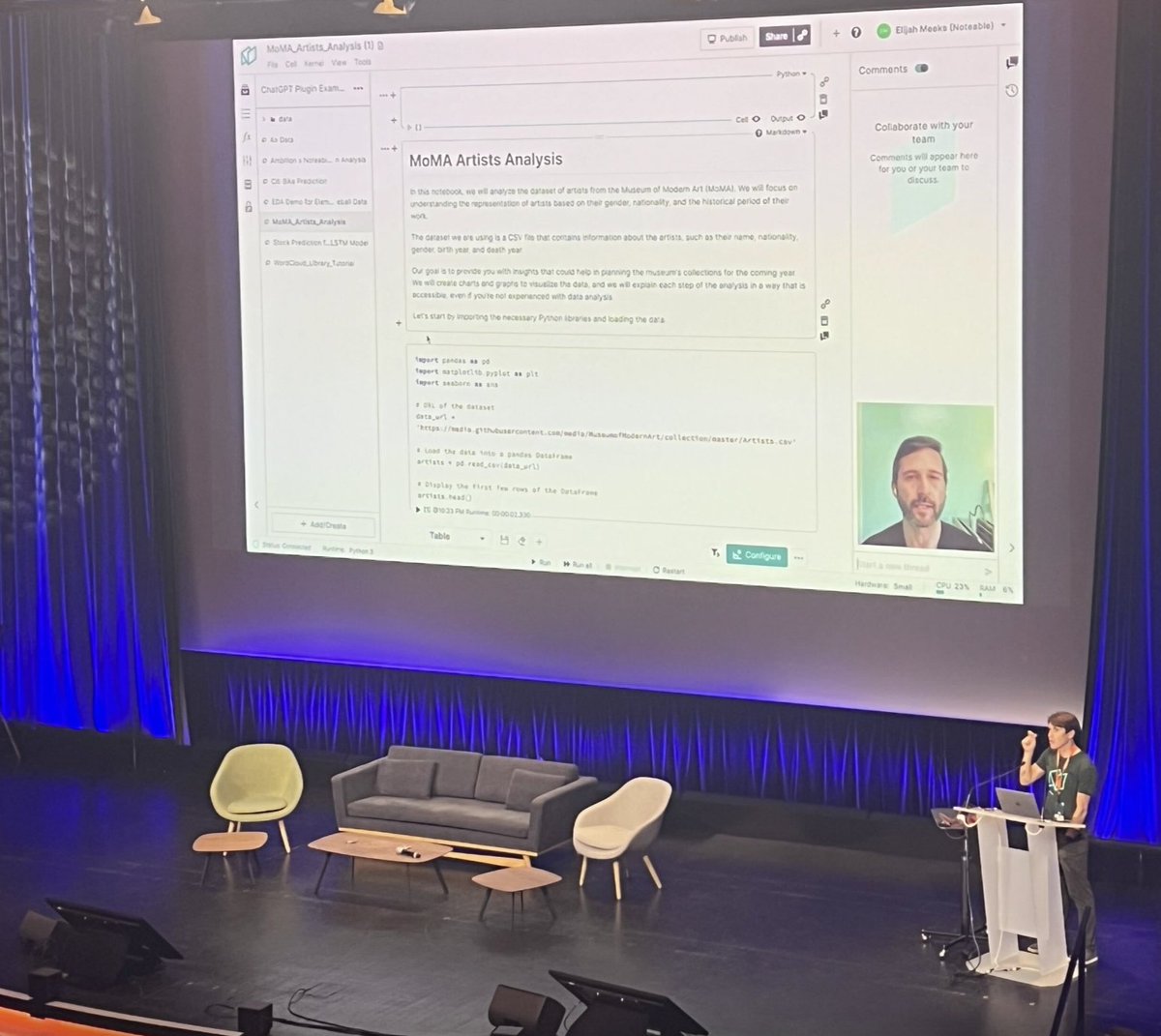 noteable_io's tweet image. If you're at @JupyterCon hopefully you caught our ChatGPT Plugin talk by @pjlbrunelle with special guest appearance via video from @Elijah_Meeks. Now you can create an entire notebook from a prompt! If you missed it, swing by the Noteable booth for a demo.
#JupyterCon2023