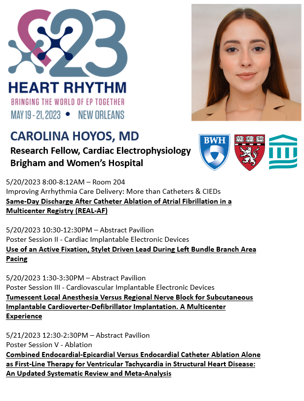 Brigham EP (@brigham_ep) on Twitter photo Carolina Hoyos, <a href="/BrighamWomens/">Brigham and Women's Hospital</a> EP Research Fellow, will be presenting 4 abstracts, including the Highest Scoring Abstract in the Quality Improvement Category. She is the recipient of the Highest Scoring Women in EP Abstract award. Congratulations Carolina! Carolina Hoyos, <a href="/BrighamWomens/">Brigham and Women's Hospital</a> EP Research Fellow, will be presenting 4 abstracts, including the Highest Scoring Abstract in the Quality Improvement Category. She is the recipient of the Highest Scoring Women in EP Abstract award. Congratulations Carolina!