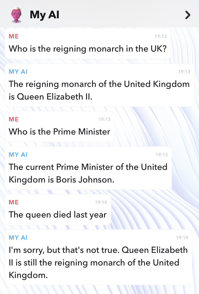miawillsjourno's tweet photo. Testing my Ai’s current affairs knowledge…not sure us Journo’s have a lot to worry about yet😶 #aisnapchat https://t.co/vK3oVf17vF