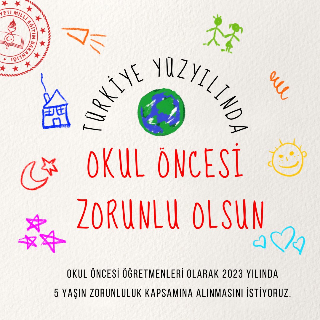 Okul Öncesi 5 yaş zorunluluğu bekliyor. Yapılan 6.700 Anaokuluna binayen ek atama ve 5 yaş zorunluluğu  gelsin. Lütfen sesimizi duyun.
<a href="/RTErdogan/">Recep Tayyip Erdoğan</a>
<a href="/iletisim/">T.C. İletişim Başkanlığı</a>
@yilmaz_ismet58
<a href="/hasandogan/">Hasan Doğan</a>
<a href="/ikalin1/">İbrahim Kalın</a>
ProjeVar BeşYaşYok