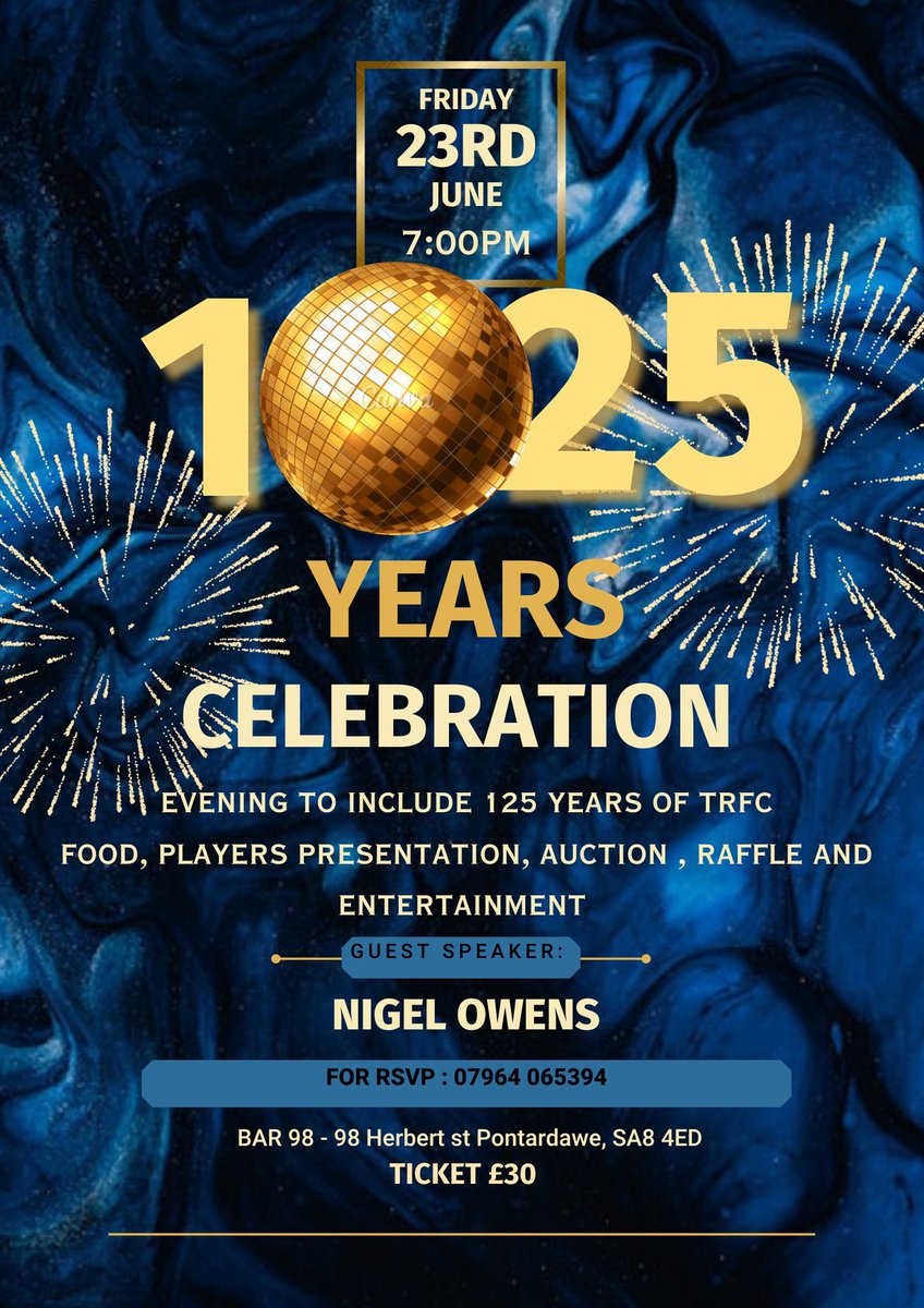 TrebanosRugby's tweet photo. The club, this year celebrates its 125 Years anniversary, and will do so in the company of legendary referee @Nigelrefowens as guest speaker ! 

Tickets can be purchased via the contact number below. 

We look forward to what will be a night to remember 🔵🍻 https://t.co/8nBW1OK1LT