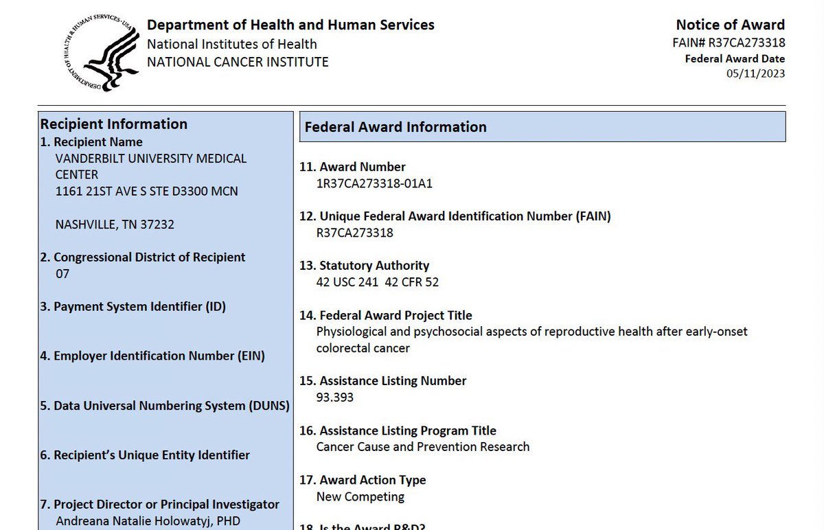 drholowatyj's tweet image. It’s official!! 2023 in full swing w/NOA for my lab’s 1st R01 converted to an R37 MERIT Award—providing my lab w/7 years of support. Immense gratitude to @NIH @theNCI for supporting our #EOCRC research!
➡️ theprefacestudy.org
#ESI #R01 #PREFACEStudy #EAOCRC #crcsm #fertility