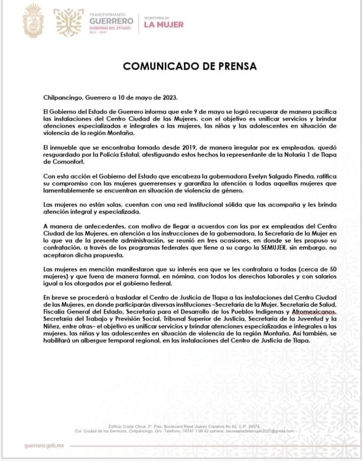 CCMTlapaGro's tweet photo. El día de ayer lanza un comunicado la Secretaría de la Mujer en Guerrero, donde se visten de mentiras y engaños para decir que fue un recuperación de las instalaciones de Ciudad de las Mujeres de manera pacífica.@EvelynSalgadoP https://t.co/968VP6b7CX