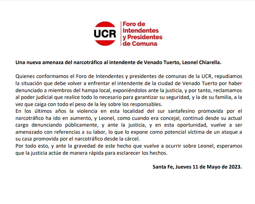 fororadicalSF's tweet photo. Repudiamos esta nueva amenaza recibida por el Intendente de Venado Tuerto, @leonelchiarella el poder judicial debe actuar y garantizar la seguridad de el y su familia ante la gravedad de los hechos #ucr https://t.co/jEcSNwaKnS