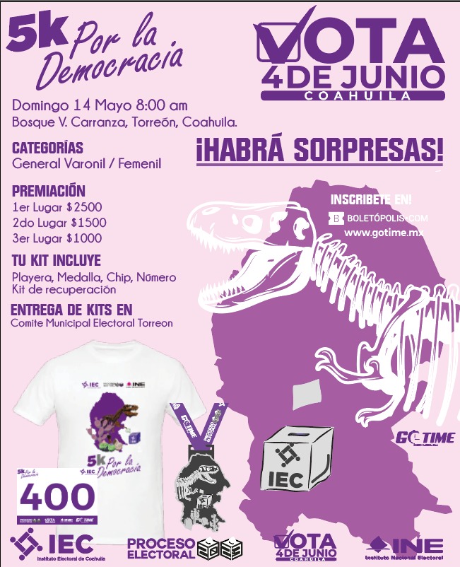 IEC_Coahuila's tweet photo. Participa en el "5K Por la Democracia" que organiza el @IEC_Coahuila en Torreón, Coahuila. 🏃🏻‍♀️🏃‍♂️

¡Inscríbete, habrá sorpresas! 👇

Categorías: Femenil y Varonil.
Premiación: A los tres primeros lugares. https://t.co/bpIpvIcvqY
