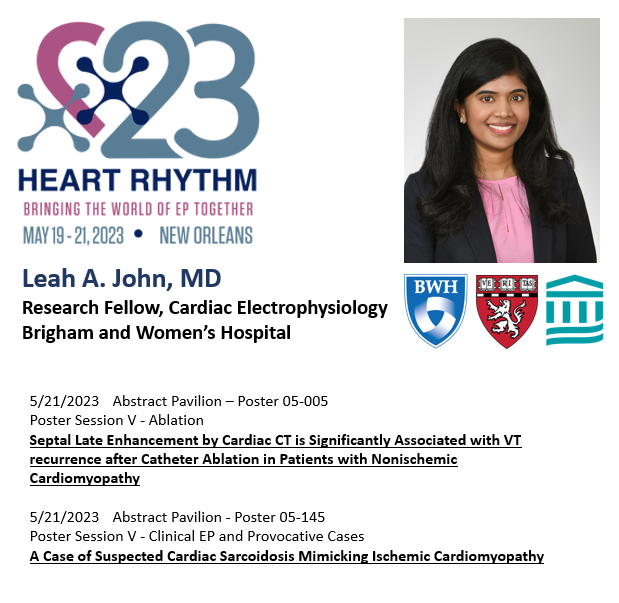 Brigham EP (@brigham_ep) on Twitter photo Dr. Leah John, EP Research Fellow <a href="/BrighamWomens/">Brigham and Women's Hospital</a>, will be presenting 2 abstracts at #HRS2023. Dr. John has focused her research on arrhythmias in inflammatory cardiomyopathy and cardiac sarcoidosis. Dr. Leah John, EP Research Fellow <a href="/BrighamWomens/">Brigham and Women's Hospital</a>, will be presenting 2 abstracts at #HRS2023. Dr. John has focused her research on arrhythmias in inflammatory cardiomyopathy and cardiac sarcoidosis.