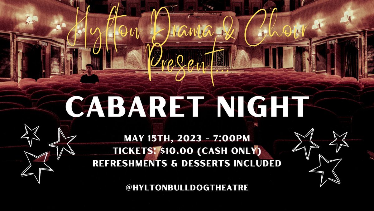Don't miss out on the MUSICAL EVENT OF THE SEASON hosted by the Hylton Drama and Choir department! Hylton's Cabaret Night is back and better than ever, featuring talented student singers who will amaze and entertain you with their performances. We can't wait to see you there!