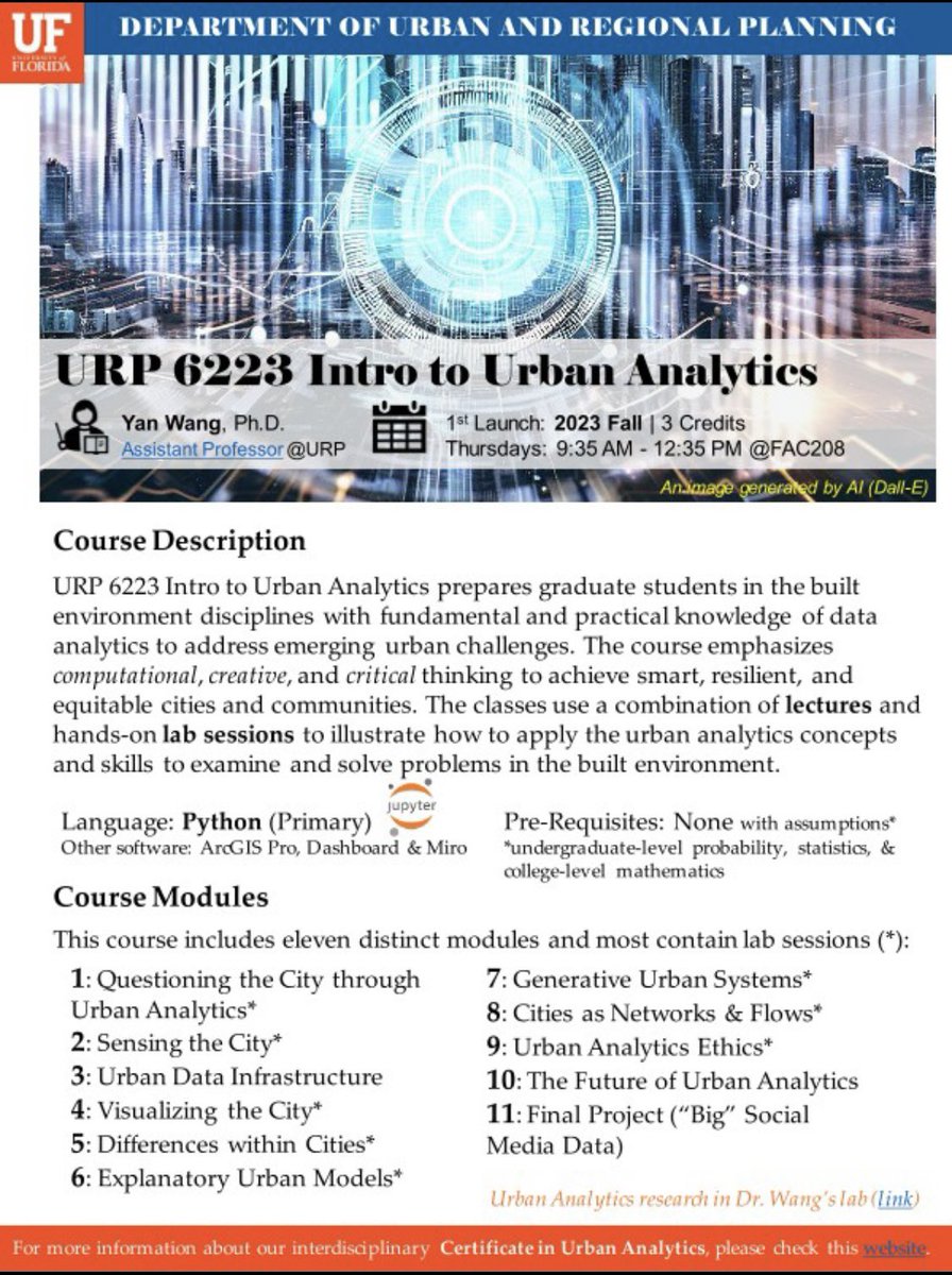 Yan Wang (@ucrlab) on Twitter photo We are excited to launch our new certificate and master programs in Urban Analytics. I will be teaching our fundamental UA course (URP 6223 Intro to Urban Analytics) in Fall 2023. Please help to distribute the flyer to UF graduate students who may be interested. <a href="/UFdcp/">Best Design College in 🇺🇸</a> We are excited to launch our new certificate and master programs in Urban Analytics. I will be teaching our fundamental UA course (URP 6223 Intro to Urban Analytics) in Fall 2023. Please help to distribute the flyer to UF graduate students who may be interested. <a href="/UFdcp/">Best Design College in 🇺🇸</a>
