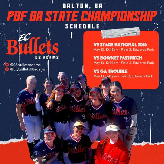 BulletsAdams16U's tweet photo. It’s time for more softball!! Our girls are geared up and ready to go! 😎💪🏼

Come check them out in Dalton for the PGF GA State Championship!! You won’t be disappointed! 🧡💙
#Ecbullets08 #coolpoints https://t.co/XMV2k58y8j