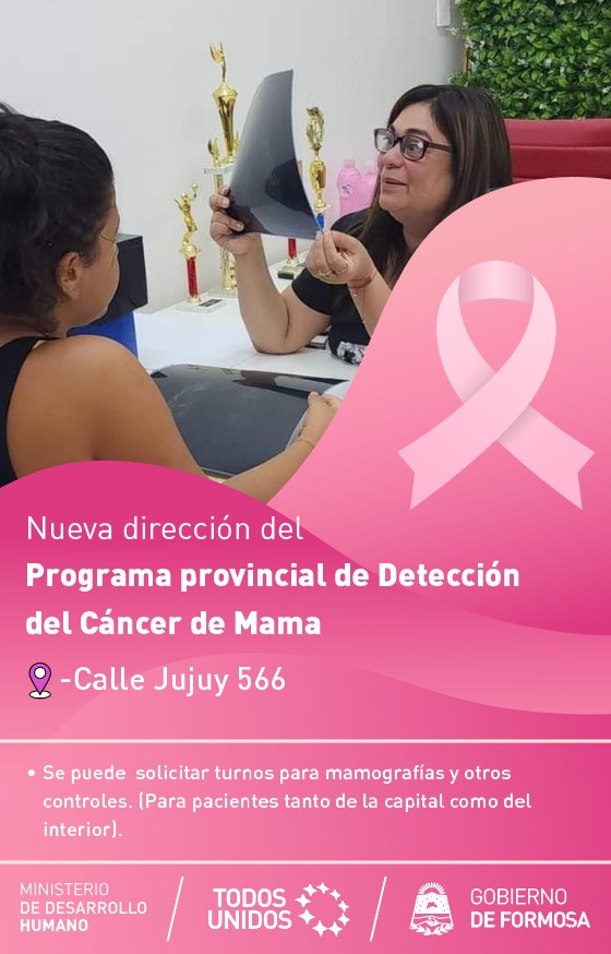⚠️ Atención‼️

📣Acércate a Jujuy 566 (Formosa capital) y solicitá turno para tu estudio anual gratuito de mamografía y otros controles de salud.

¡Te esperamos!💪

#prevencion #cancerdemama #estudiogratuito 
#gobiernogildoinsfran