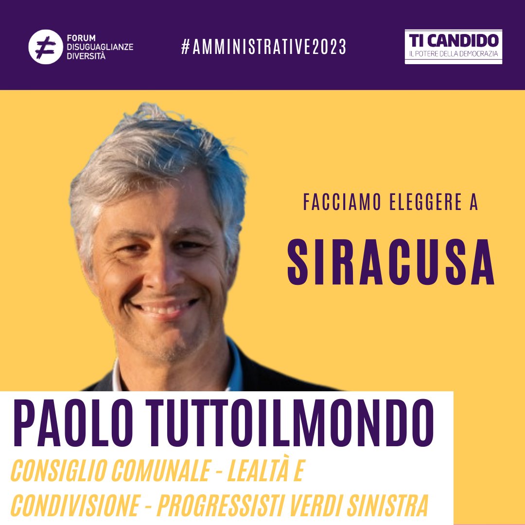 Paolo Tuttoilmondo,candidato per il consiglio comunale di Siracusa,si batte "per una città che ambisca ad essere una comunità unita e forte:non un “centro” con un insieme di “periferie” attorno,ma una città moderna,ecologica,aperta,giusta".Sostieni Paolo 👉bit.ly/FacciamoElegge…