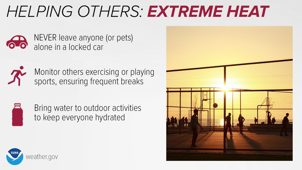 NEVER leave people or pets alone in a locked car. Monitor people exercising or playing sports, ensuring frequent breaks. Drink plenty of water.
Learn the signs of heat-related illnesses at weather.gov/safety/heat-il… #NIHHIS #HeatSafety #mowx #ilwx #stlwx #midmowx