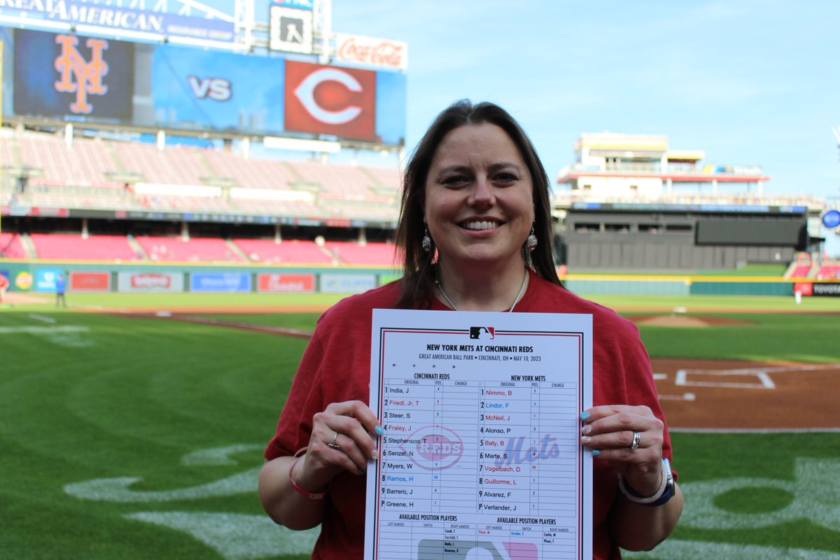 CincyChildrens's tweet photo. Stephanie Herber – a #PICU nurse at Cincinnati Children’s – was chosen to be the Honorary Captain of Wednesday night’s game between the @Reds and the @Mets. Stephanie met with the umpire crew and coaches from both teams to exchange lineup cards. Great job Stephanie! #NursesWeek https://t.co/FwHWY2l2GS