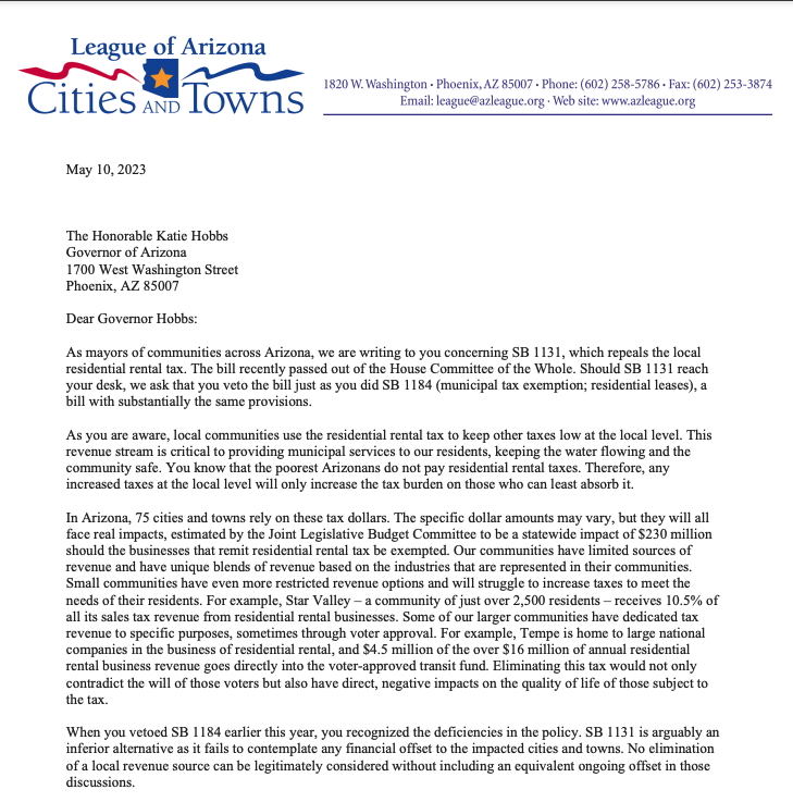 AzCities's tweet photo. Yesterday,@AzCities delivered this letter to @GovernorHobbs, reasserting our opposition to SB1131, which would eliminate over $230M annually from 75 cities and towns in Arizona without providing meaningful relief to renters. #opposeSB1131
https://t.co/XzQsukUEbq https://t.co/l6e8yl4HWq