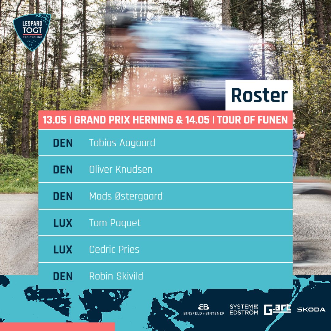 Leopard TOGT Pro Cycling (@leopardtogt) on Twitter photo Meet the team for the upcoming racing weekend on home soil!
13.05 - 🇩🇰 <a href="/GPHerning/">Grand Prix Herning</a> 1.2
14.05 - 🇩🇰 Tour of Funen 1.2
#leopardtogt #trueracing Meet the team for the upcoming racing weekend on home soil!
13.05 - 🇩🇰 <a href="/GPHerning/">Grand Prix Herning</a> 1.2
14.05 - 🇩🇰 Tour of Funen 1.2
#leopardtogt #trueracing