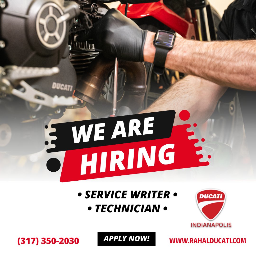 🔧🏍️Rahal Ducati INDY is hiring! Service Writer & Technician wanted. Got skills & love bikes? Apply today! #RahalDucatiJobs #MotorcycleCareers

Contact us directly for more information 👇🏼👇🏼👇🏼⁠
⁠
📞(317) 350-2030⁠
📧tm@grahamrahalperformance.com⁠