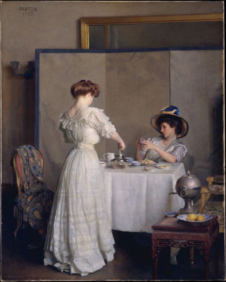 Tea Leaves (1909) by William McGregor Paxton (1869–1941). Two fashional women in Boston (US). Met Museum of Art. The seated woman seems to be engaging in a spot of tasseography (a word I don't get to use often enough).
