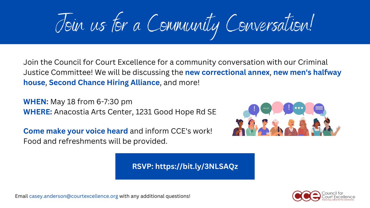 CCE_for_DC's tweet photo. Join CCE next Thursday from 6-7:30 pm at @AnacostiaArts for a conversation about DC's criminal legal system! 

Make your voice heard and share your perspective on important issues, like the new correctional facility, men's halfway house, and more! RSVP: https://t.co/0bMgL6U6YC https://t.co/6NSoEDdjl3