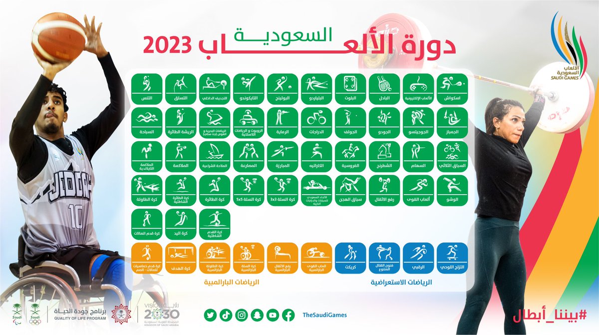 TheSaudiGames's tweet photo. تستمر الإثارة في نسختها الثانية مع 53 رياضة تنتظر أبطال المملكة 🇸🇦
26 نوفمبر - 10 ديسمبر 2023
 
#دورة_الألعاب_السعودية 
#بيننا_أبطال https://t.co/j1YN5AFipF