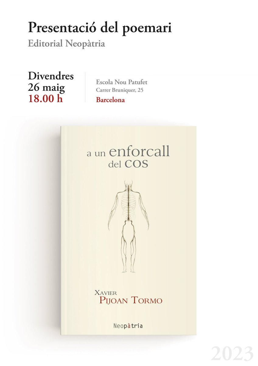 Em fa molta il·lusió anunciar que el proper divendres 26 de maig presento "a un enforcall del cos", el  meu nou poemari, amb els amics de @ENeopatria. A més, ho farem a casa meva, a l'escola <a href="/NouPatufet/">NouPatufet</a>. Tant de bo que pogueu venir-hi!