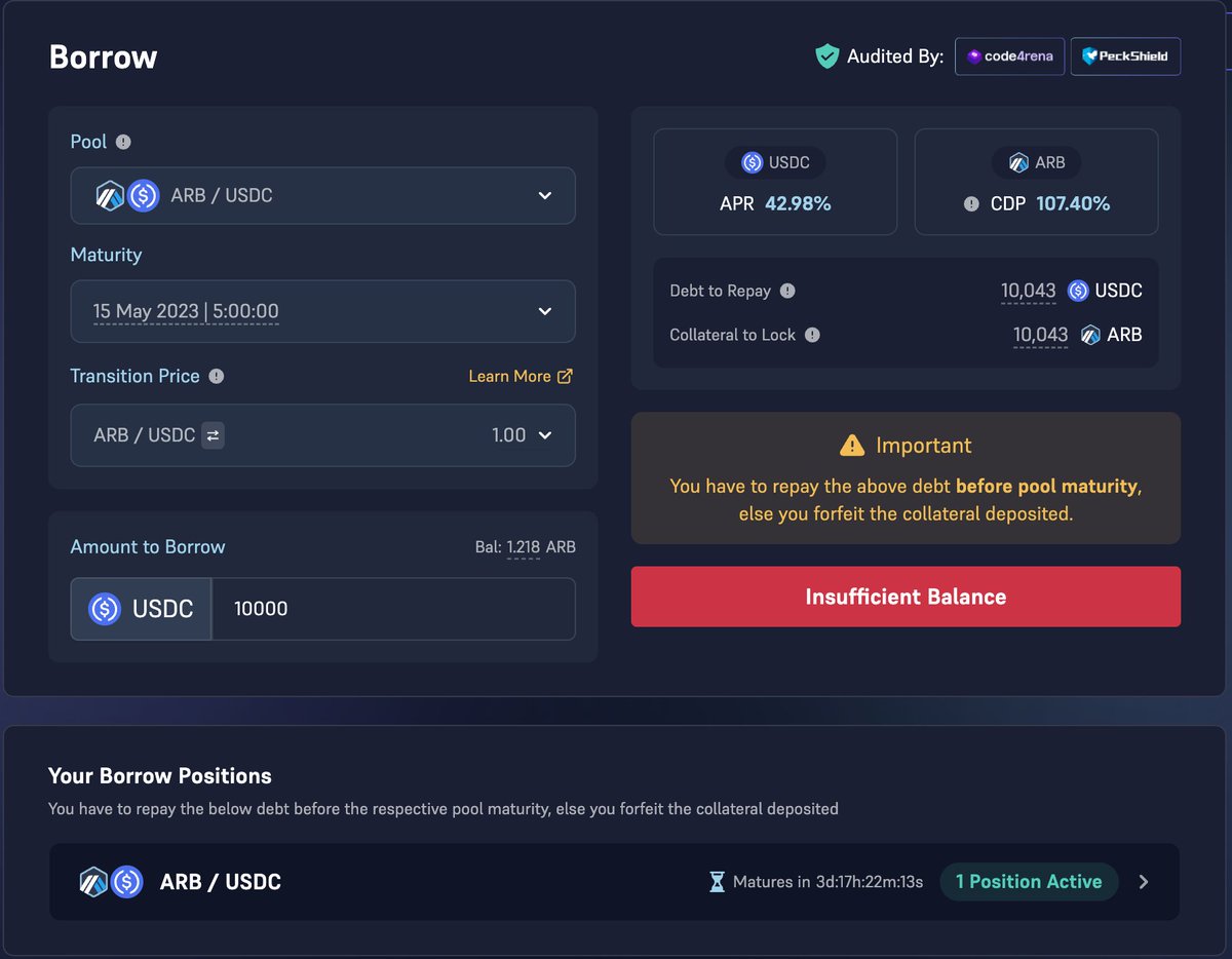 0xlogic's tweet photo. How?
Use ARB collateral to borrow USDC at a fixed APR.
If ARB closes below $1.00, then just walk away and pocket your USDC (the delta is profit). If ARB closes above $1.00, repay and you're only out the borrow fee. https://t.co/fRbbabu2TW