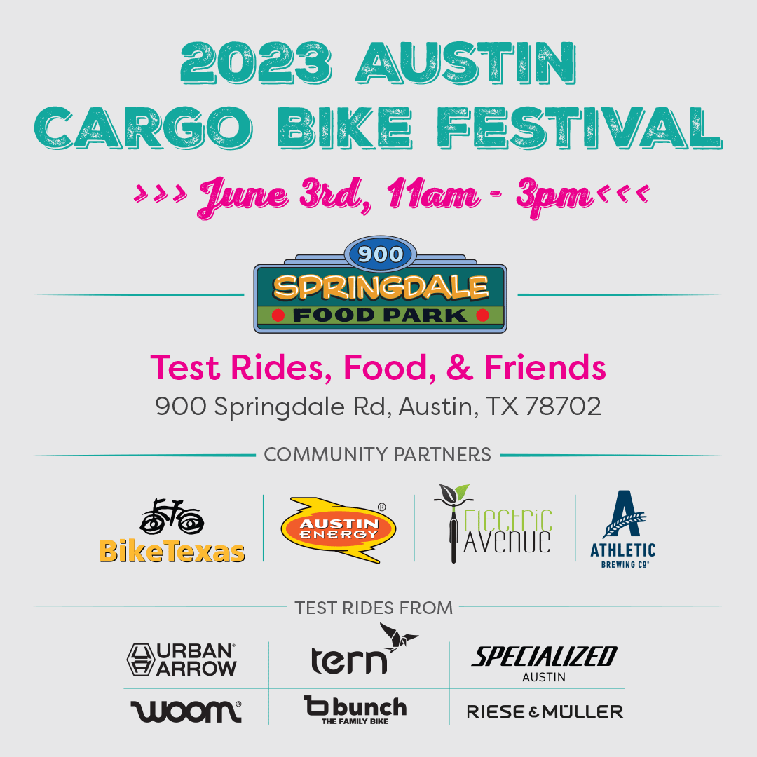 Unfortunately, due to the weather this weekend, we are postponing the Austin Cargo Bike Festival.

Fear not! We've rescheduled it for June 3rd! Please save the date, and come join us for the test rides, tasty food, &amp; lovely cargo bike ridin' Austinites. 
#Austin, #ATX, #BikeATX